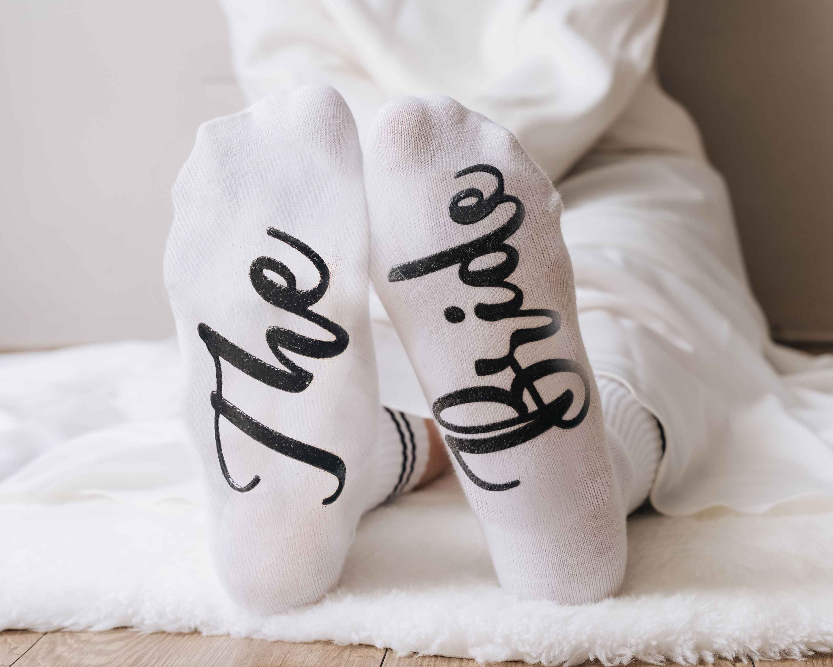 Bridesmaid Socks - White Bridesmaid Socks with custom text, such as ‘ The Bride’.