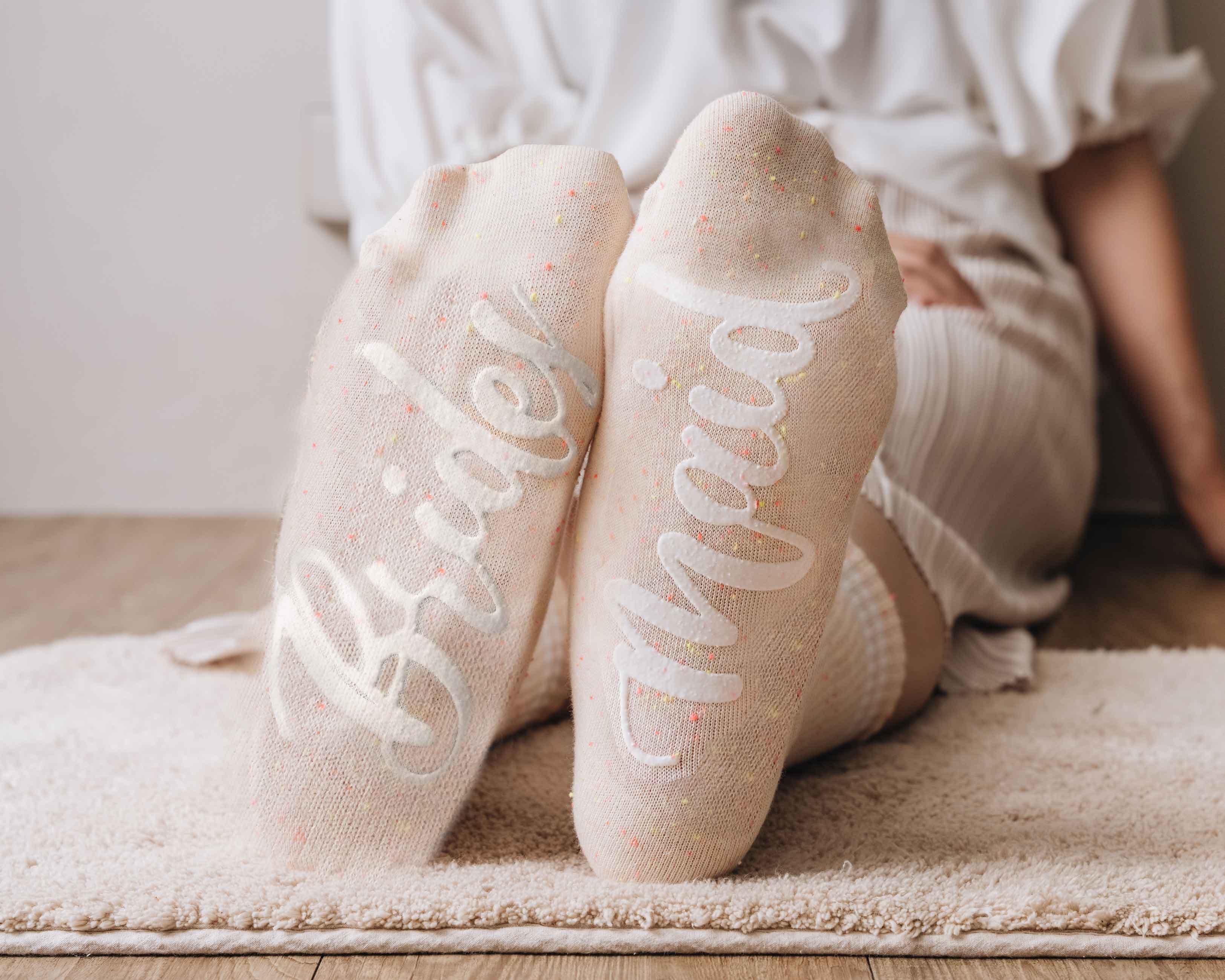 Bridesmaid Socks - Peach Bridesmaid Sock with custom text, such as ‘Bridesmaid’.