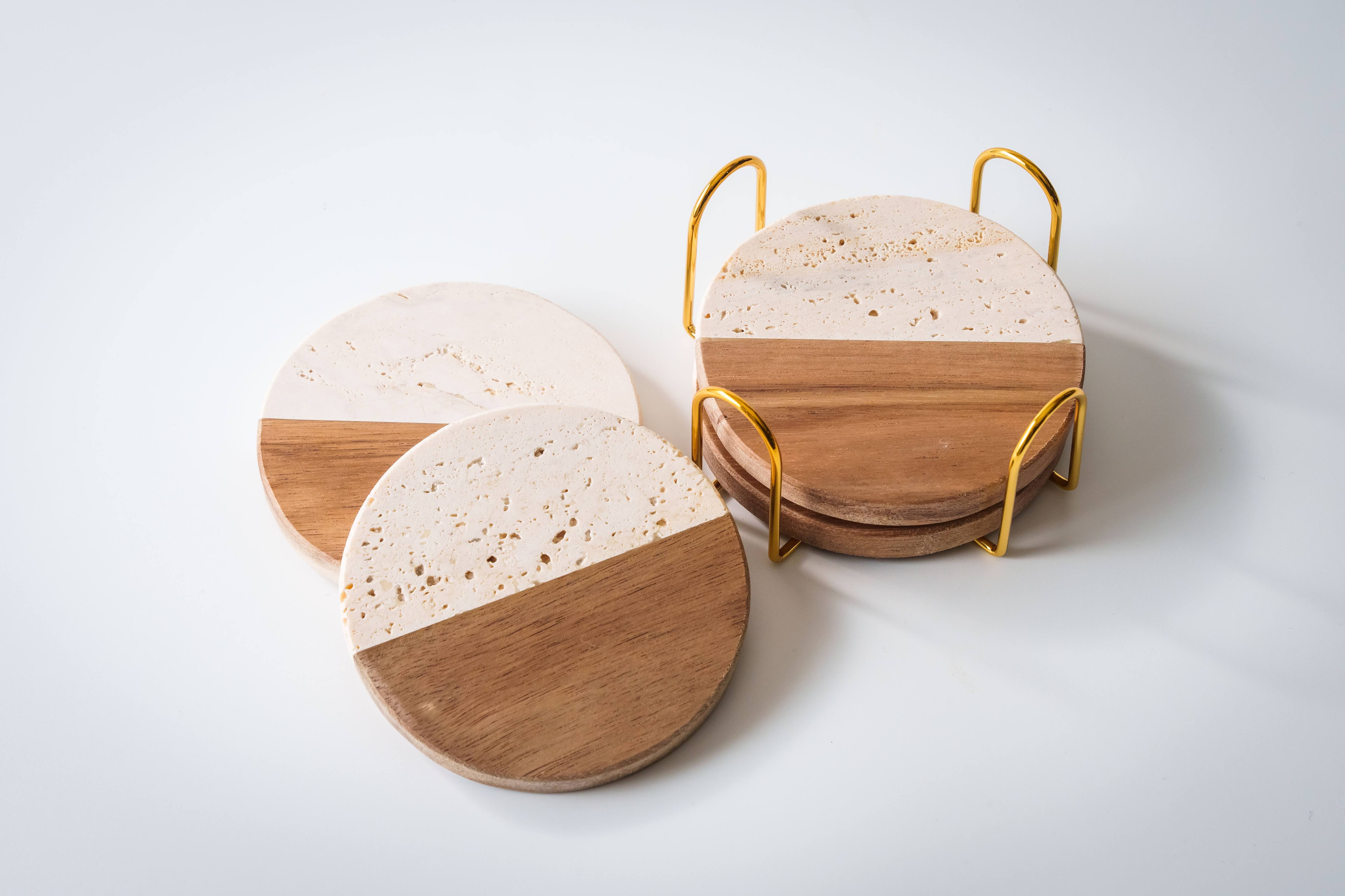 Travetine Wood Marble Coaster Set of 1,2,4