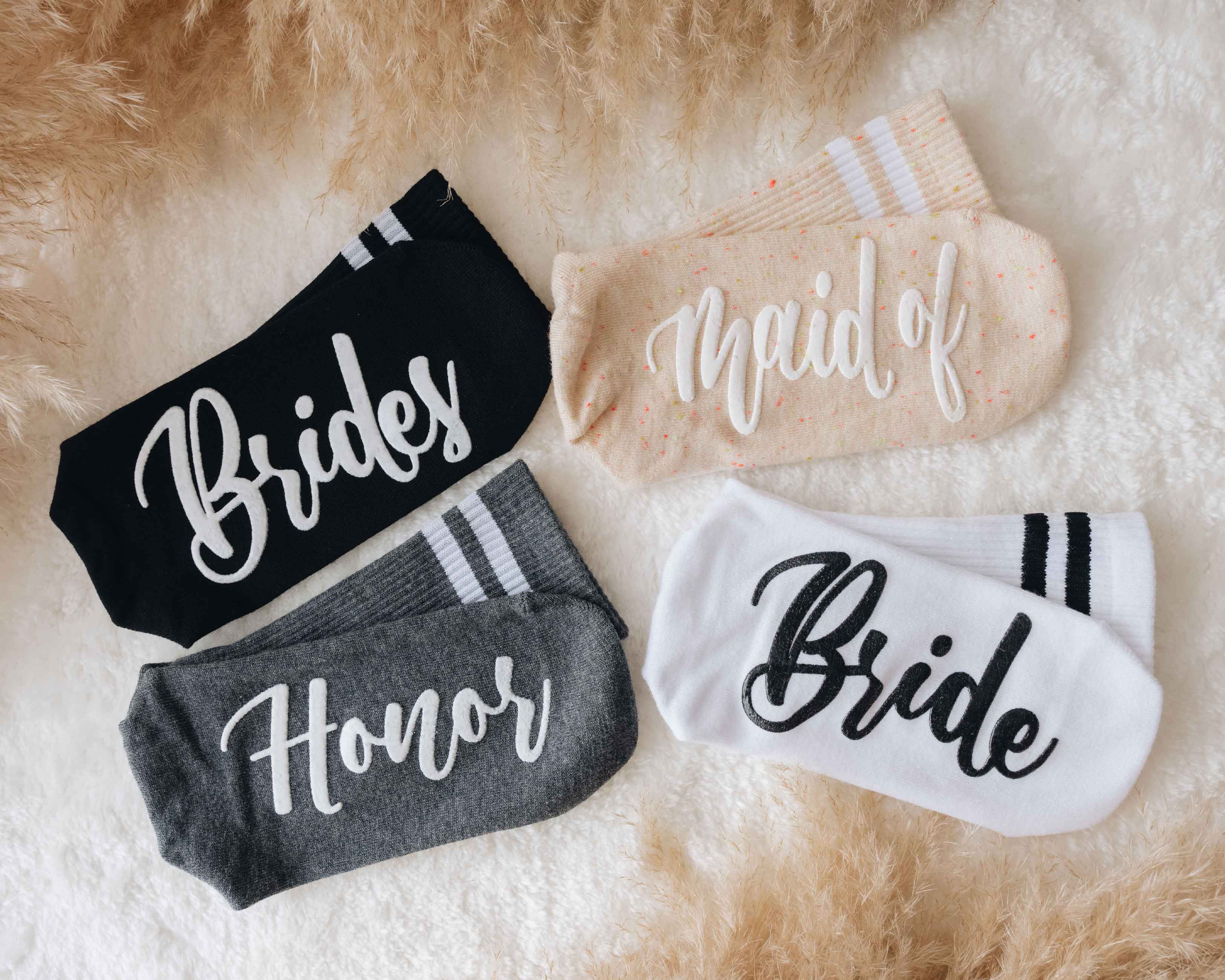 Bridesmaid Socks - White, Peach, Black and Grey Bridesmaid Socks for Bachelorette Party with custom text.