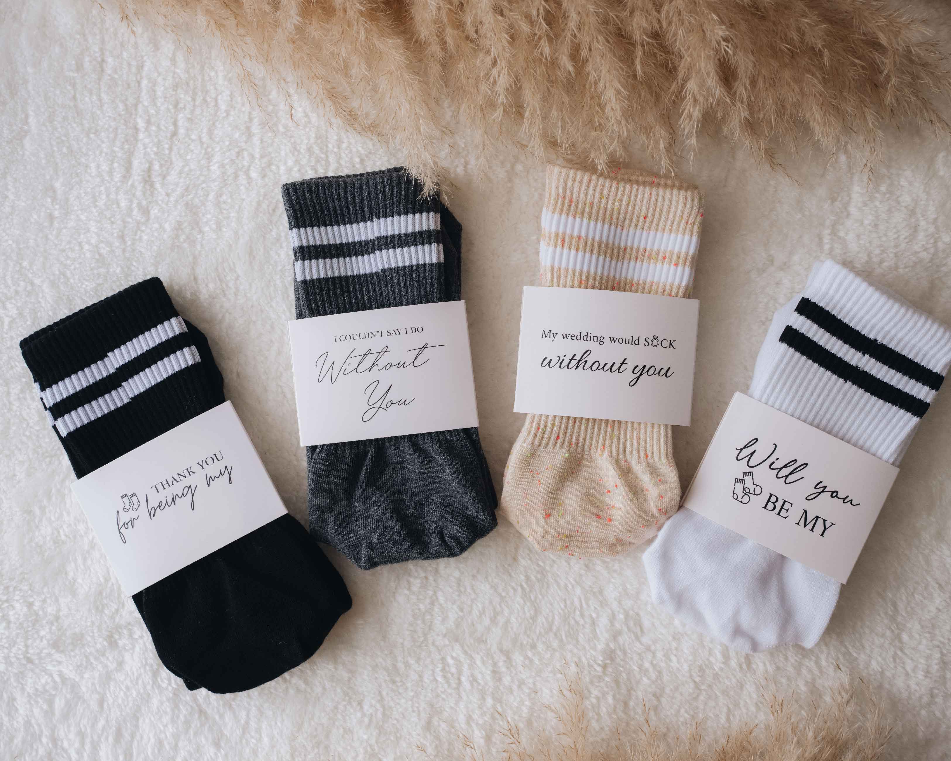 Bridesmaid Socks - White, Peach, Black and Grey Bridesmaid Socks for Bachelorette Party with 4 different sock wrap styles.