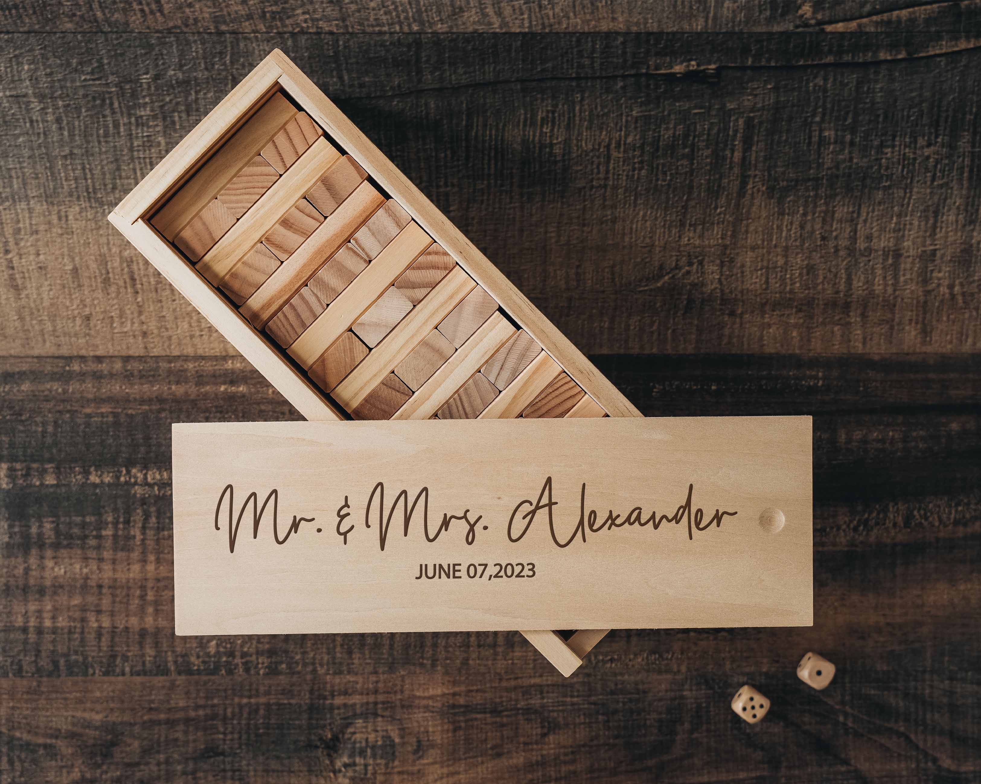 Experience the joy of our Custom Jenga Wedding Guest Book, customized with your names and wedding date. This unique and interactive guest book is the perfect addition to your wedding day.