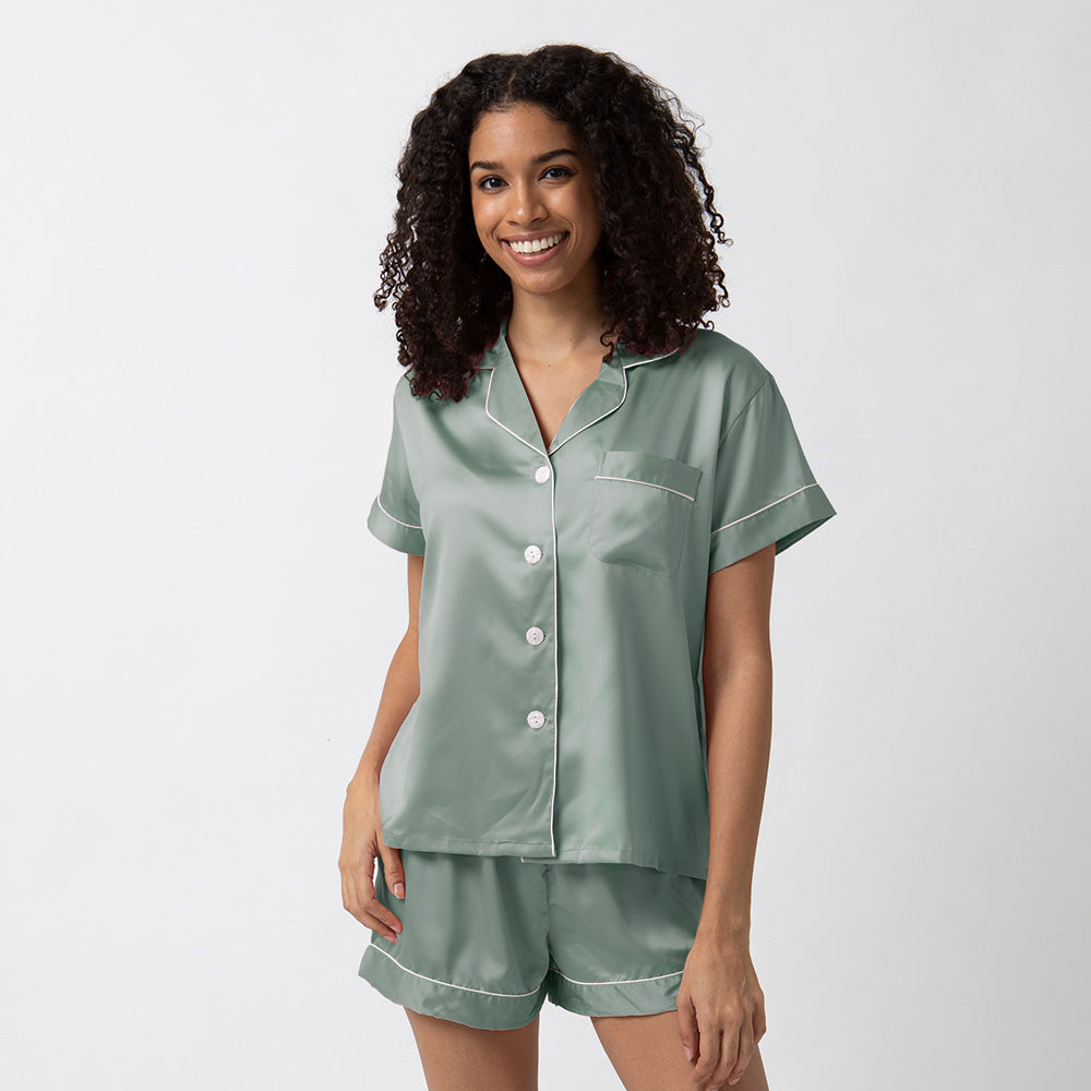 Short Satin Pajamas Set - Front Design