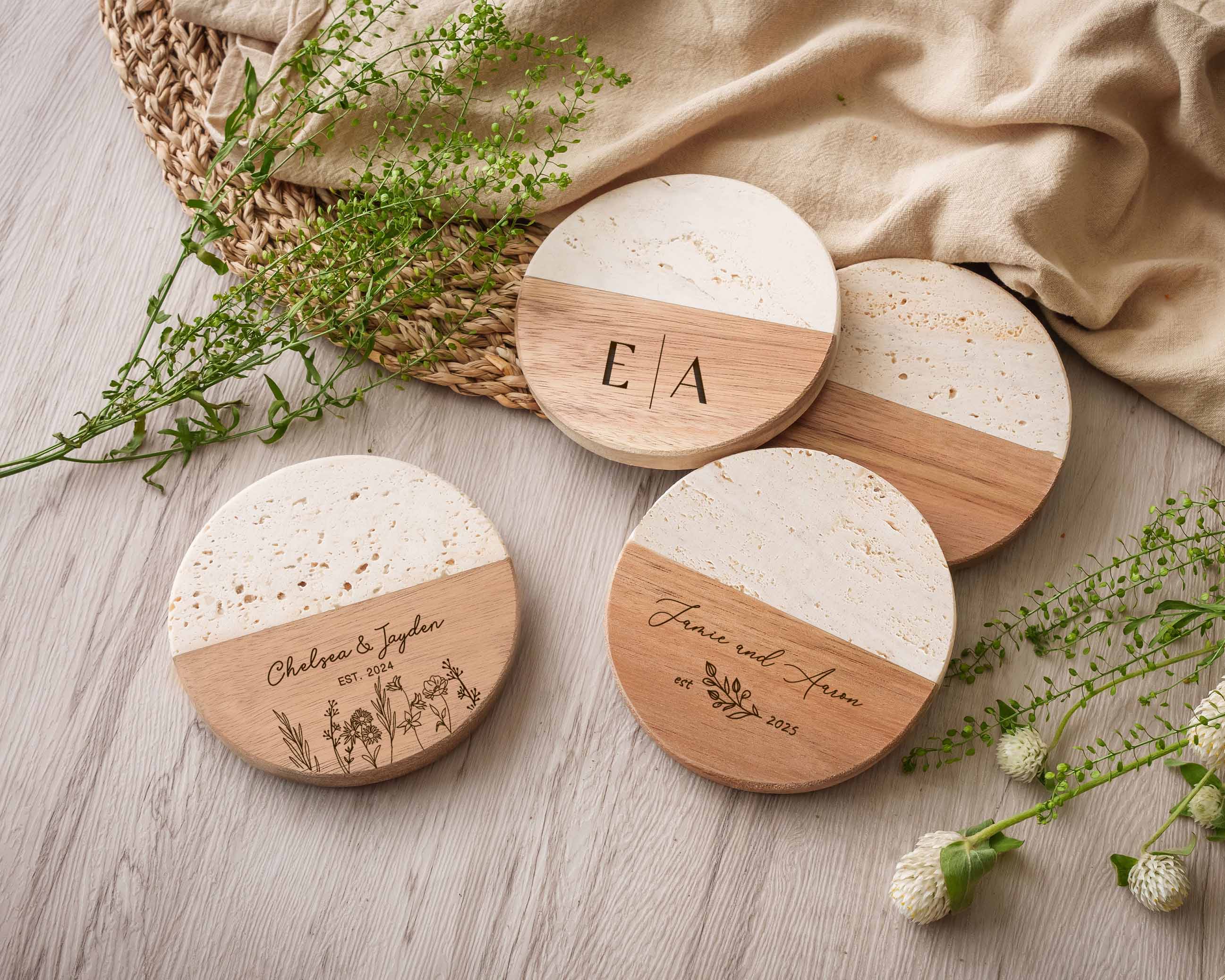 Travetine Wood Marble Coaster Set of 1,2,4