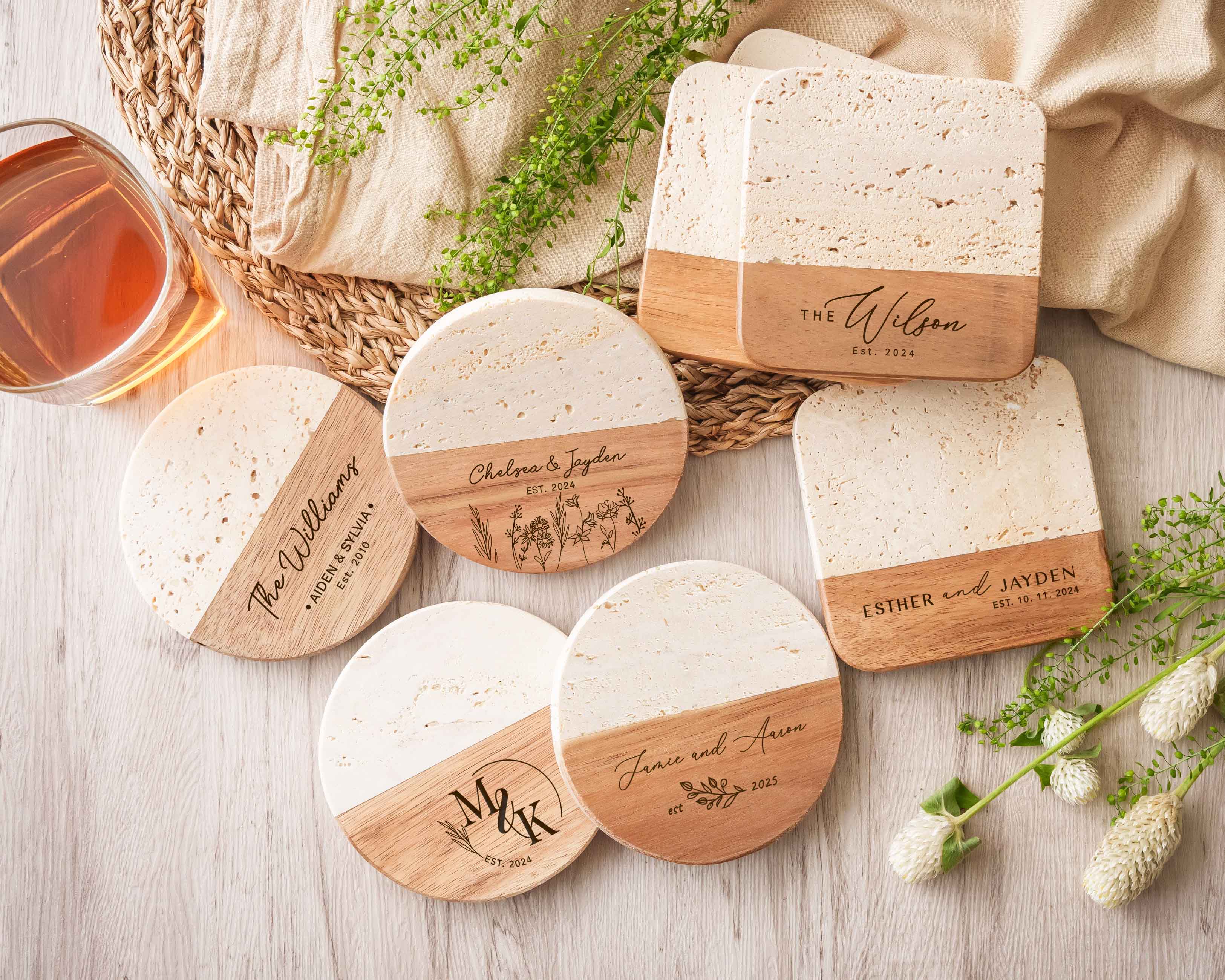 Travetine Wood Marble Coaster Set of 1,2,4