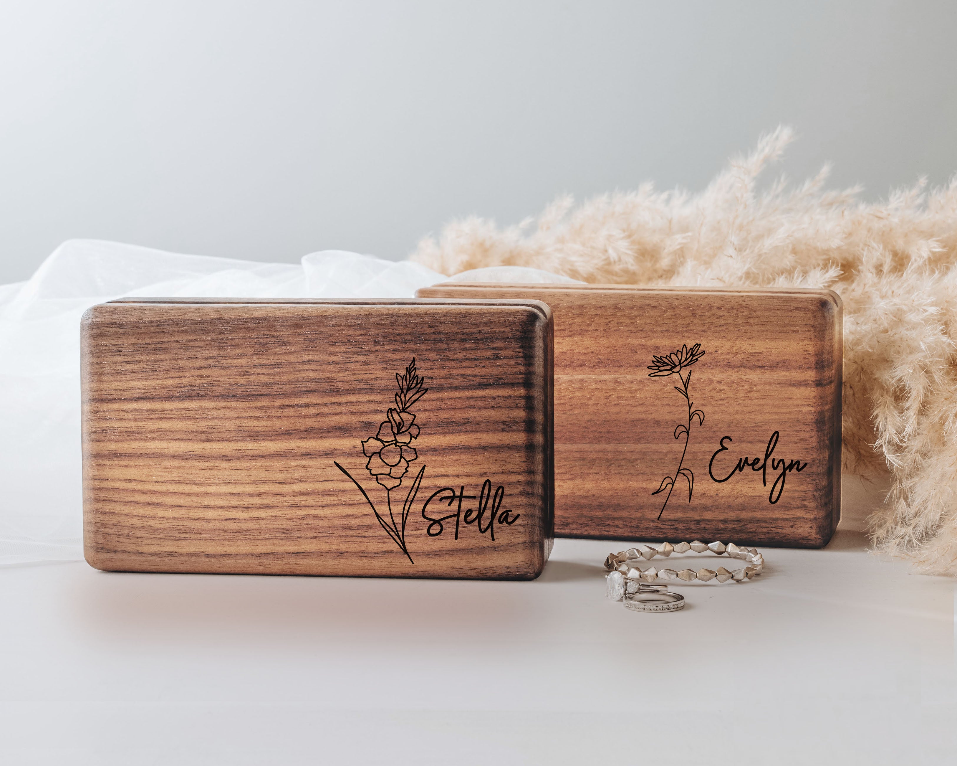 Walnut Jewelry Case with Birth Flower