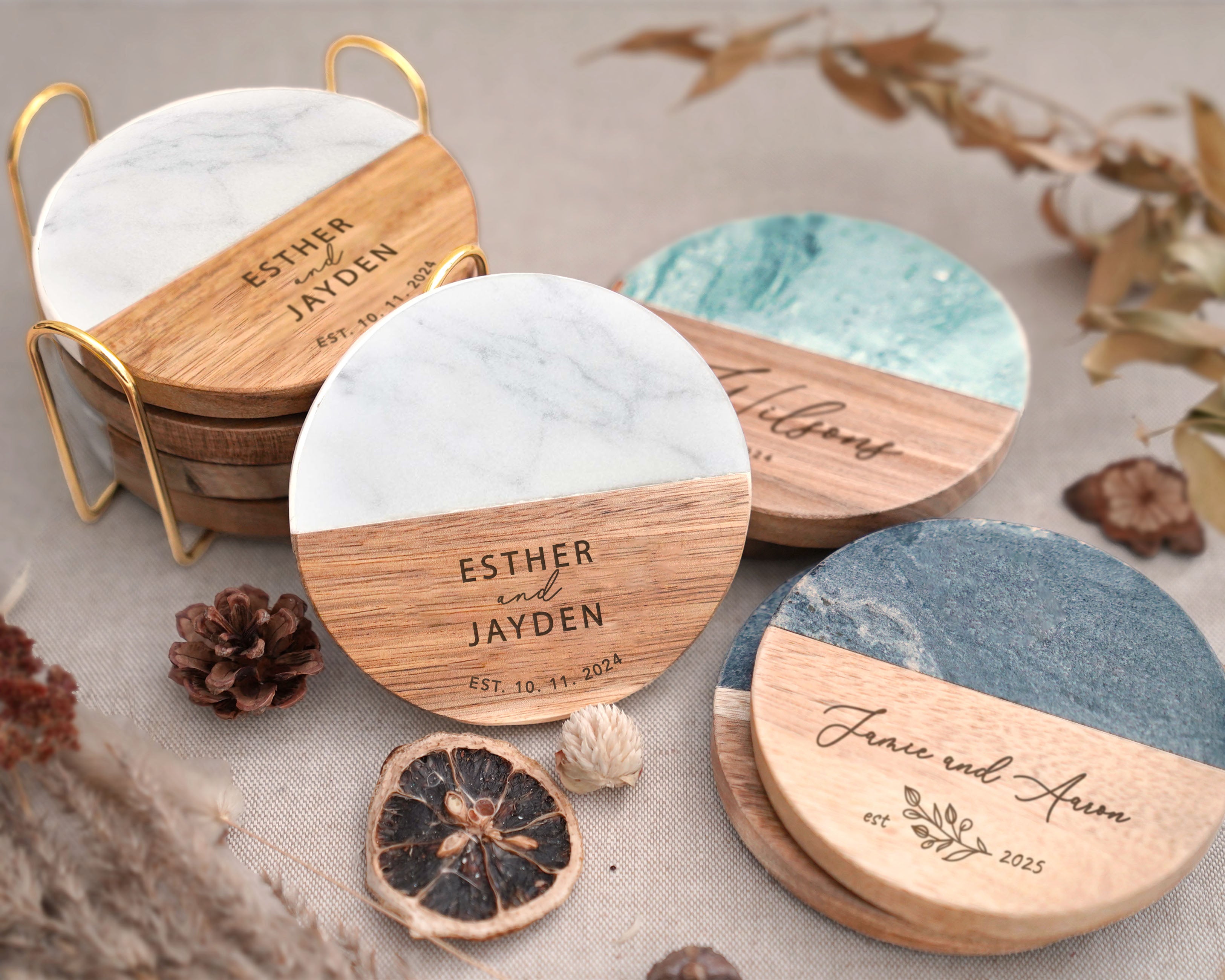 Bianco Wood Marble Coaster Set of 1,2,4,8