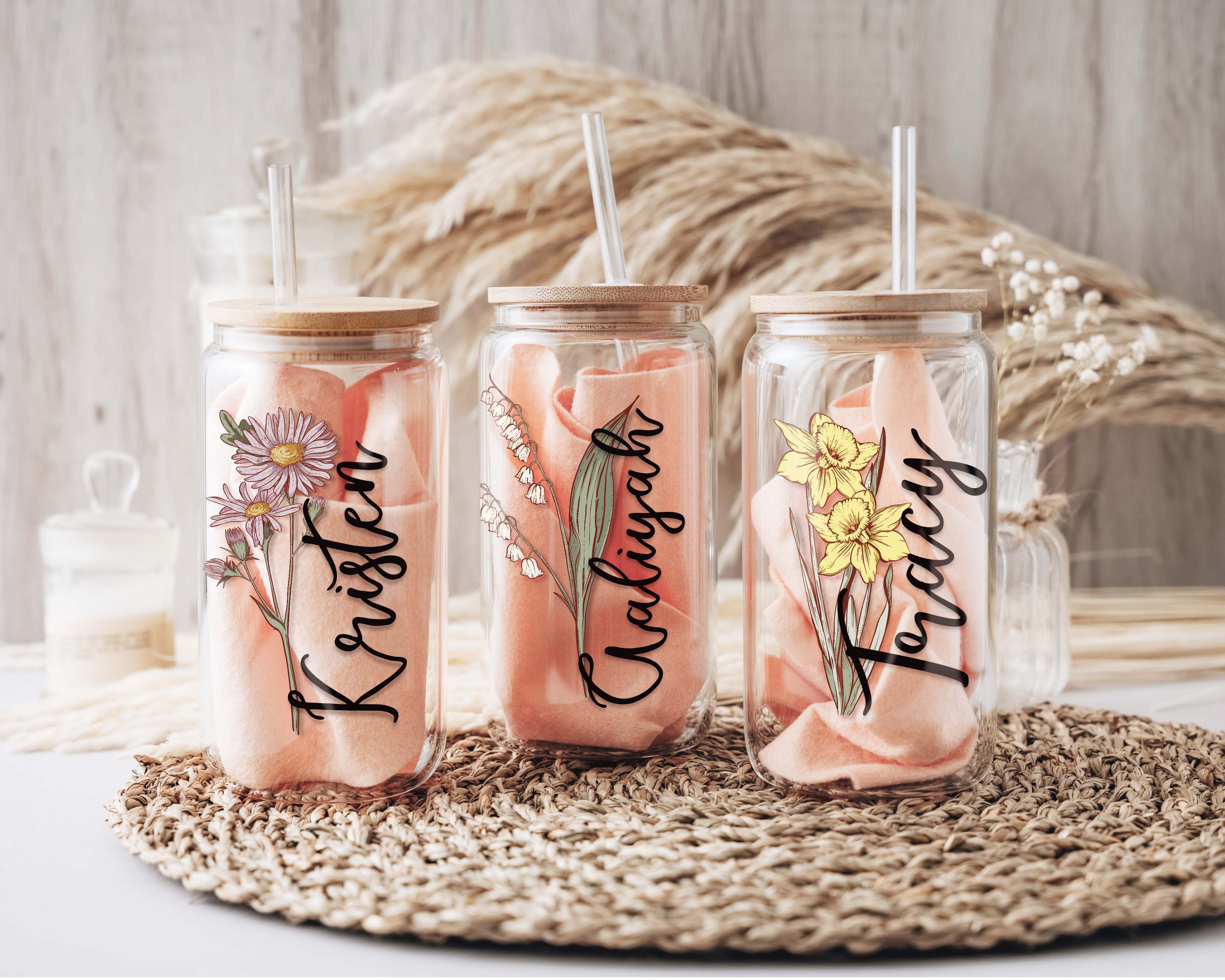 Personalized Birth Flower 16oz Sublimation Glass Cup with Straw & Lid