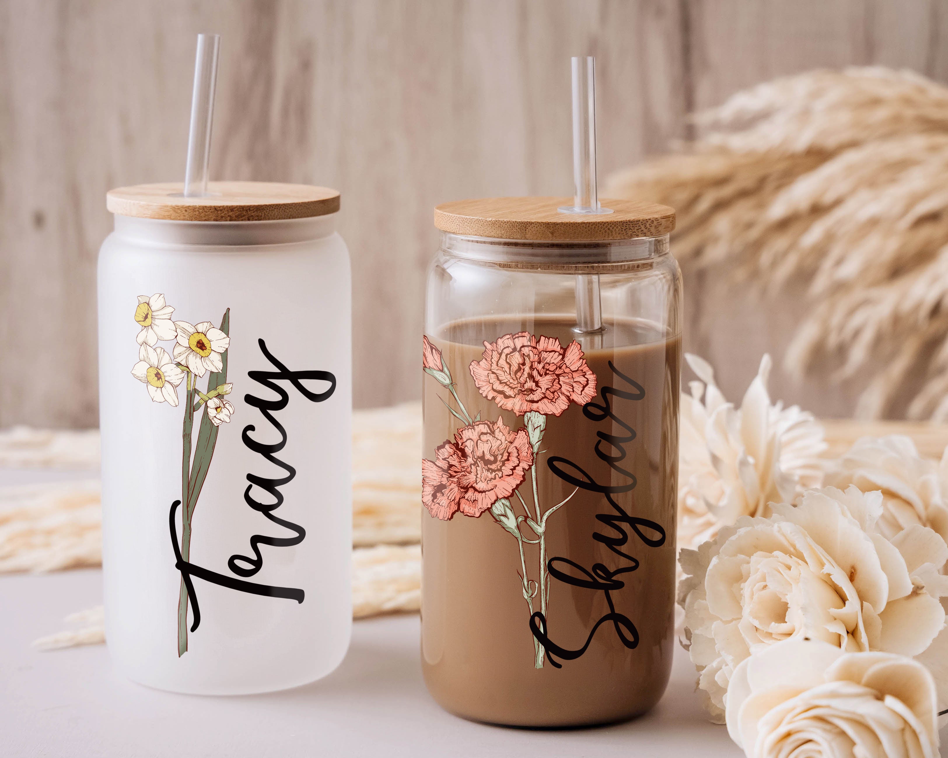 Birth Flower 16oz Sublimation Glass Cup with Straw & Lid