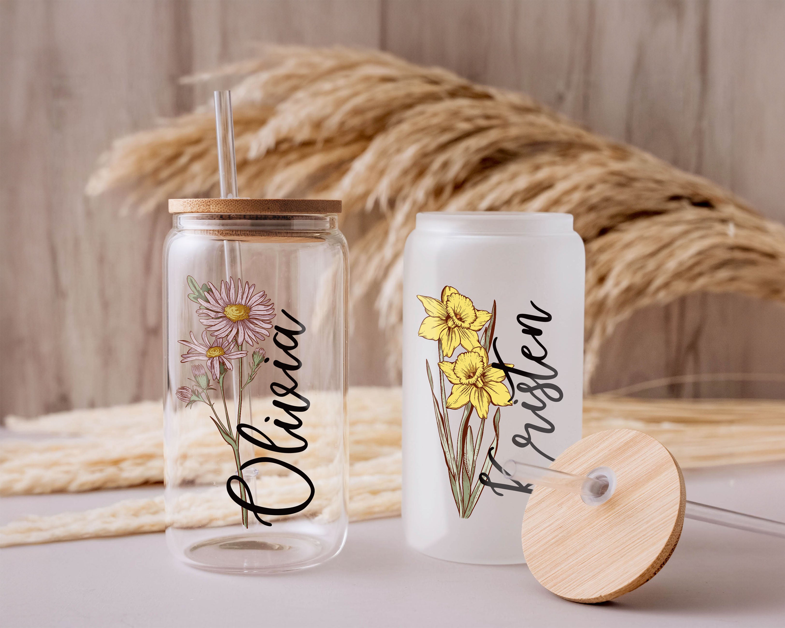 Birth Flower 16oz Sublimation Glass Cup with Straw & Lid