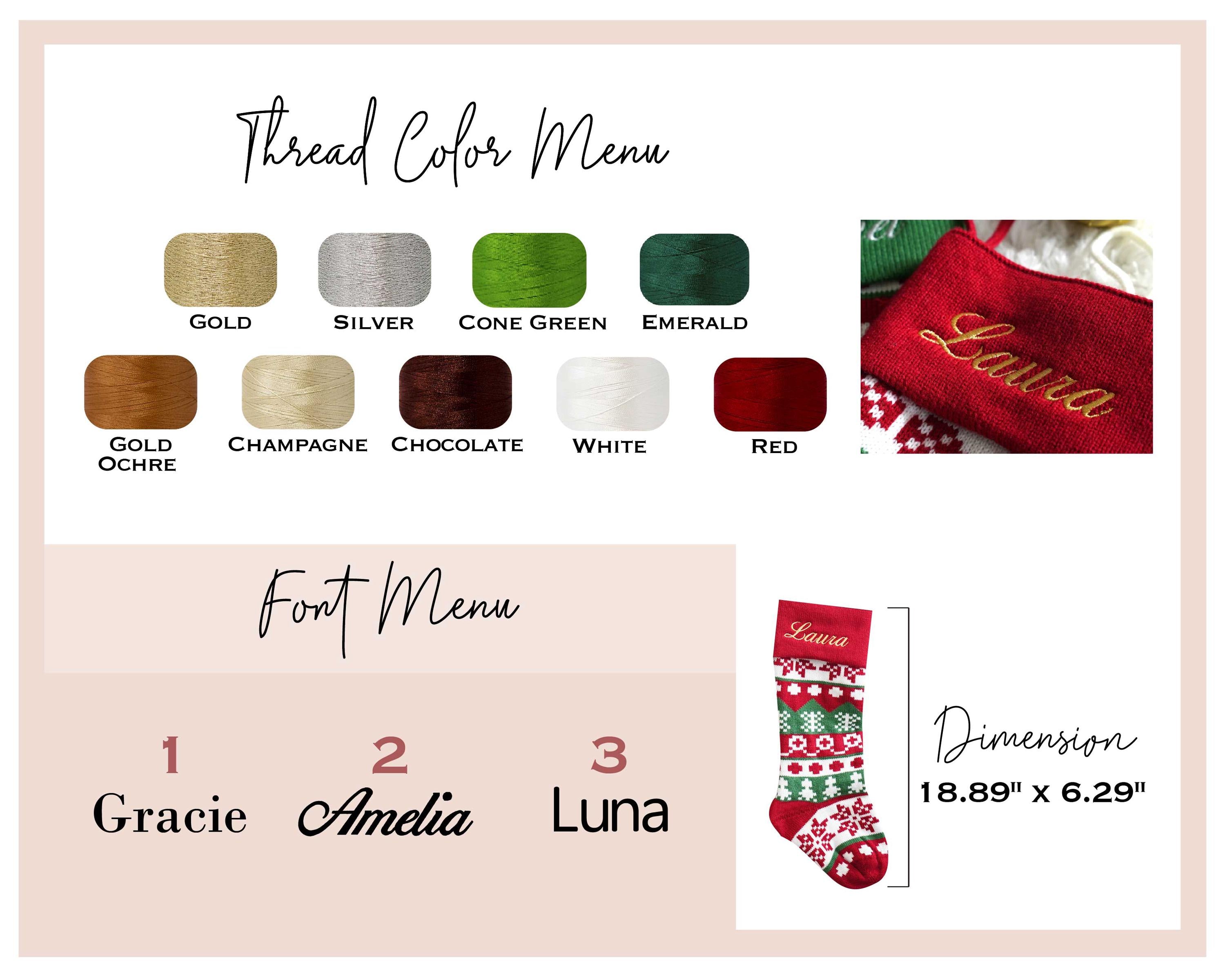 a christmas stocking is shown with the names and colors