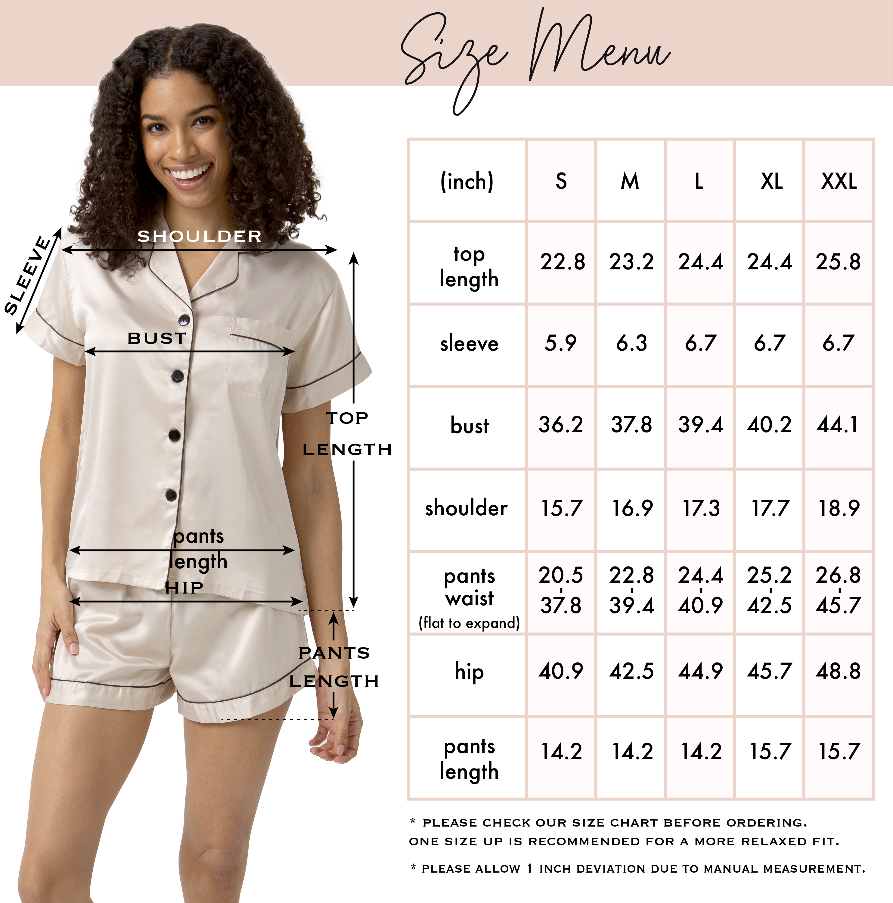 Short Satin Pajamas Set - Front Design