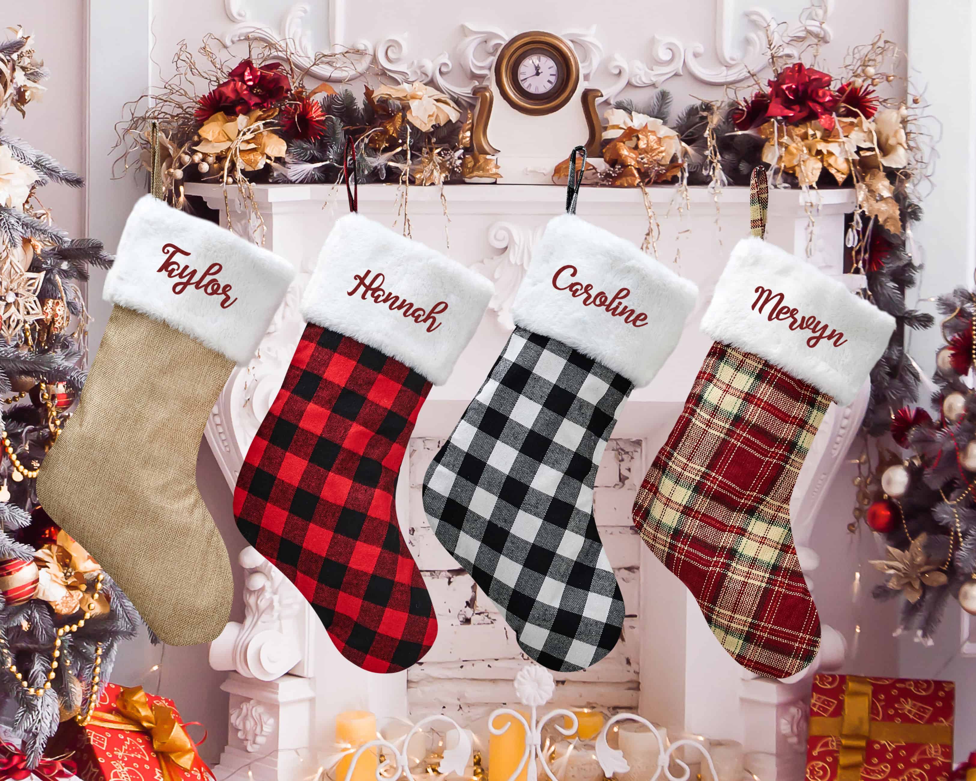 4 different types of personalized buffalo plaid stockings with initials - Hundred Hearts