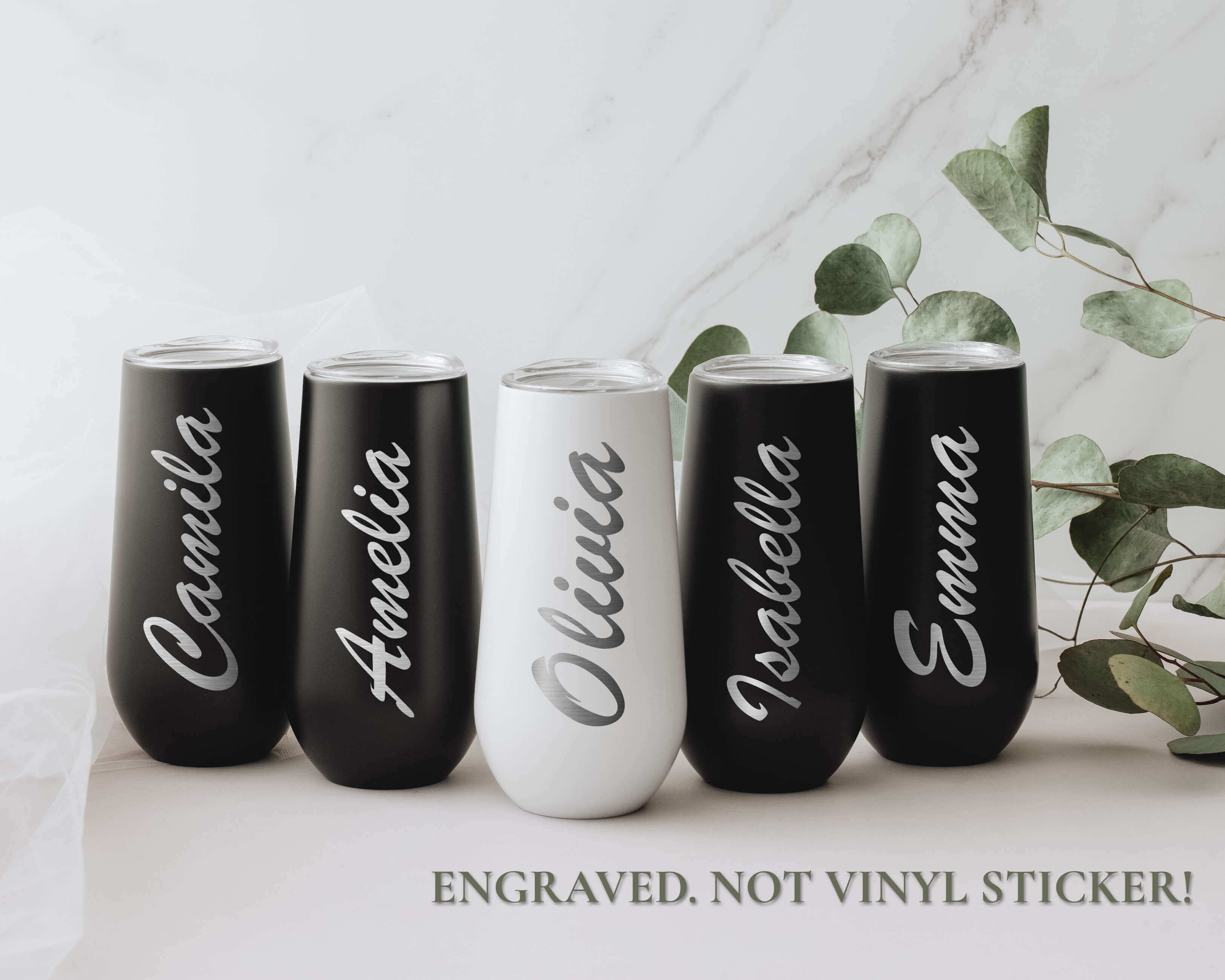 Bridesmaid Tumbler - Customize bridesmaid gifts with personalized black and white bridesmaid tumblers, available in gold, black, silver, rose gold, and white colors. These tumblers feature their names, making them the perfect addition to any bridesmaid gi