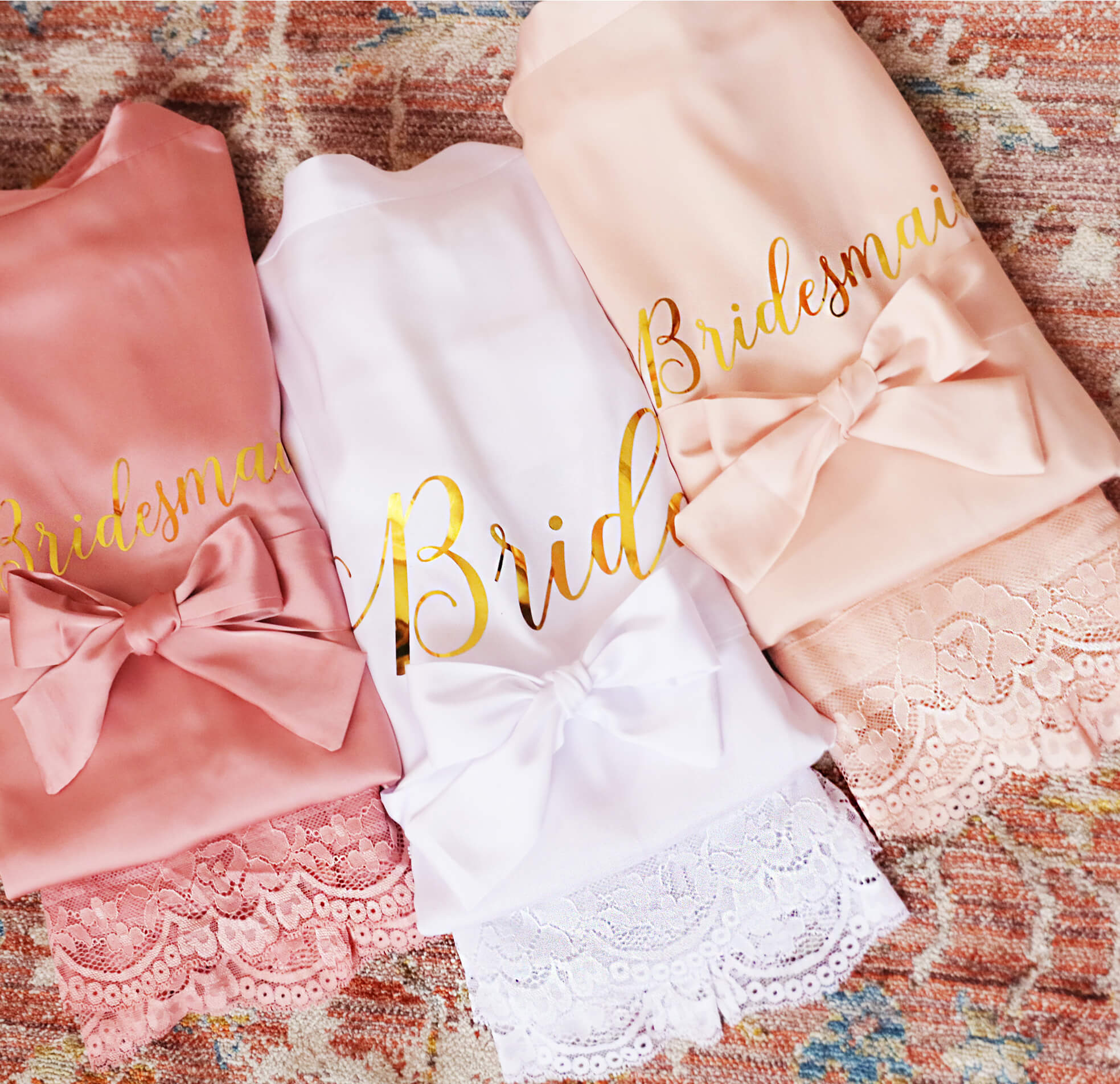 Bridal Party Robes - Personalized White, Blush and Dusty Rose Satin Lace Bridal Party Robes with monogram design - Hundred Hearts