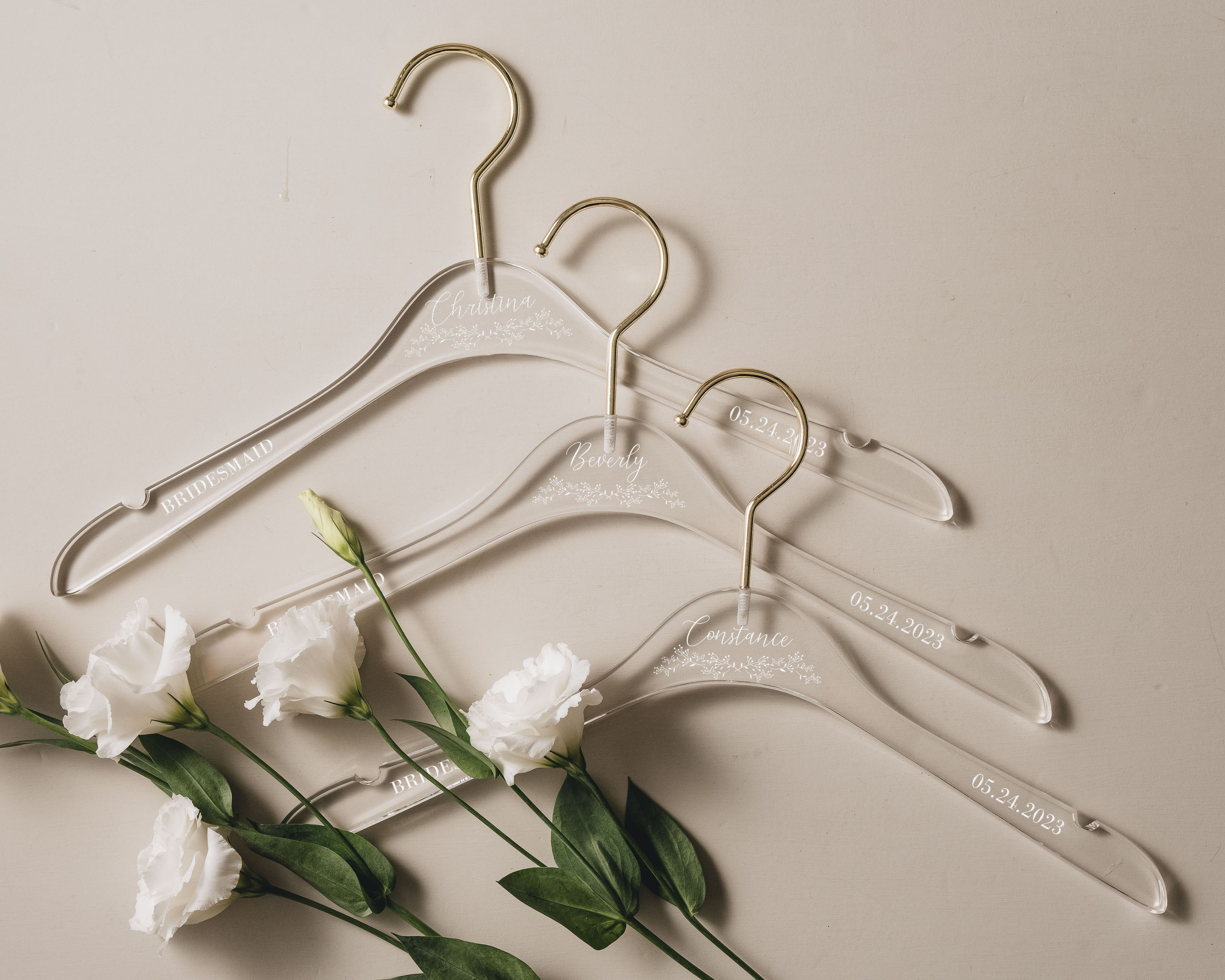 Bridesmaid Hangers -Custom Acrylic Hangers with custom name, date and wedding role.