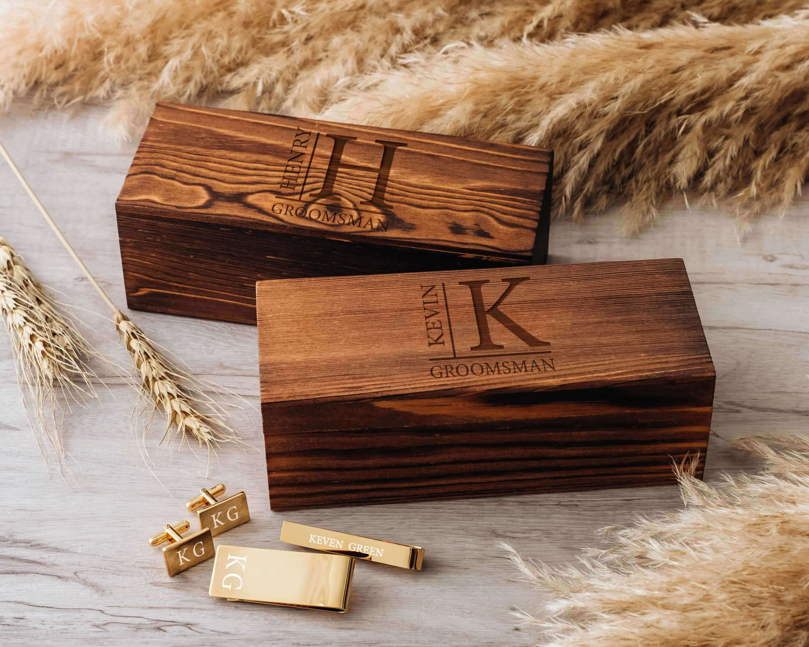 Custom Groomsmen Gift Box Set - Cufflinks, Money Clip, Tie Clip with custom initials and text. Perfect unique gifts for men, groomsmen or father.