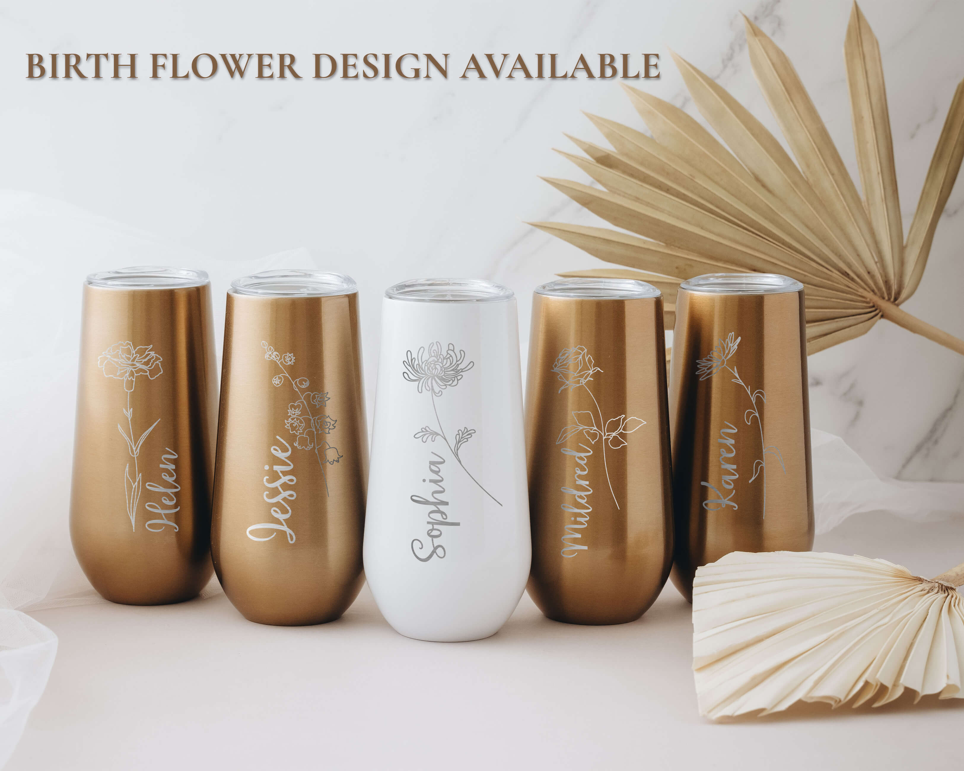 Custom white and gold champagne tumblers with custom birth month flower and name. Custom champagne tumbler is the perfect bridesmaid gifts for your besties.