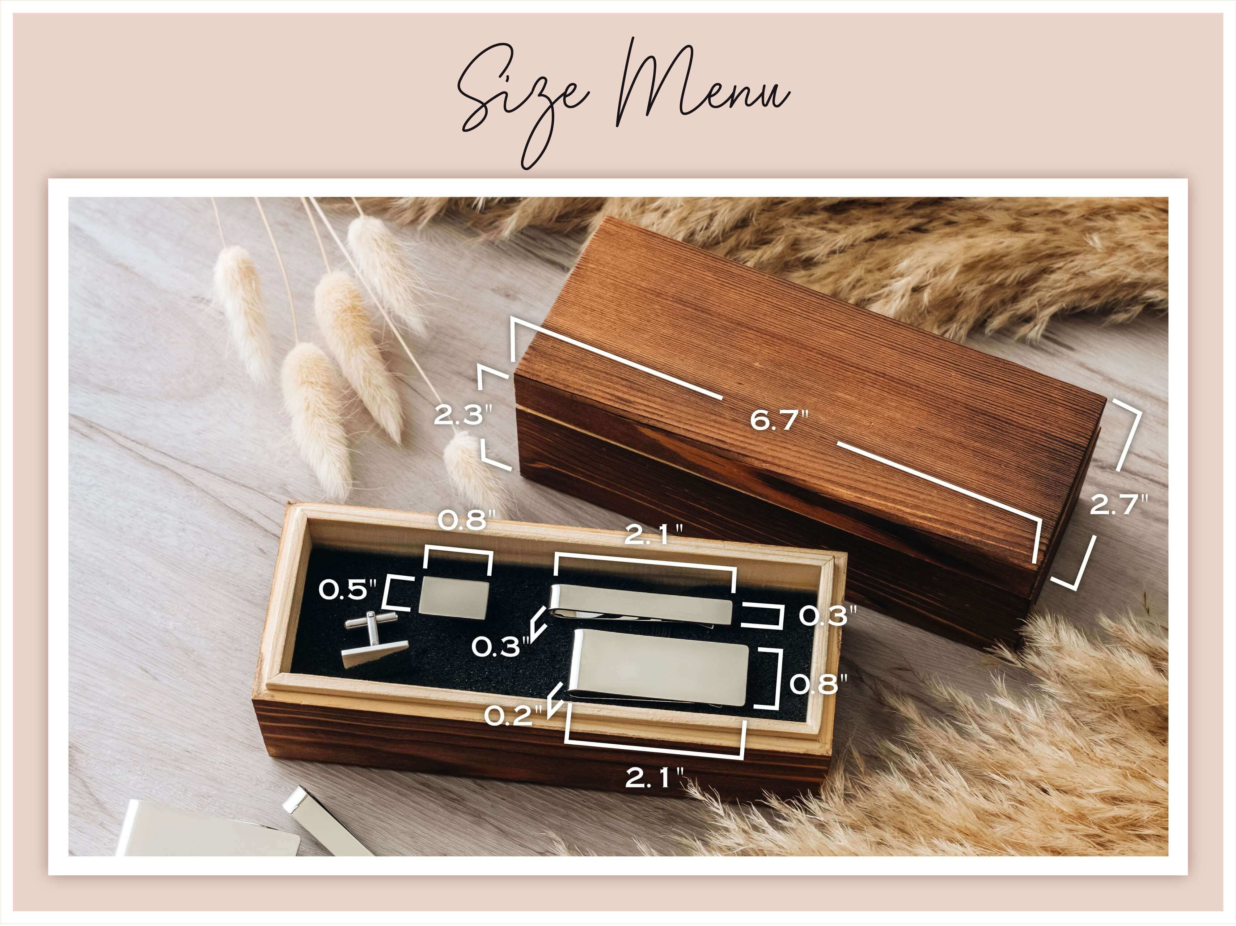 Custom Groomsmen Gift Box Set - Cufflinks, Money Clip, Tie Clip with custom initials, text and dimensions detail. Perfect unique gifts for men, groomsmen or father.