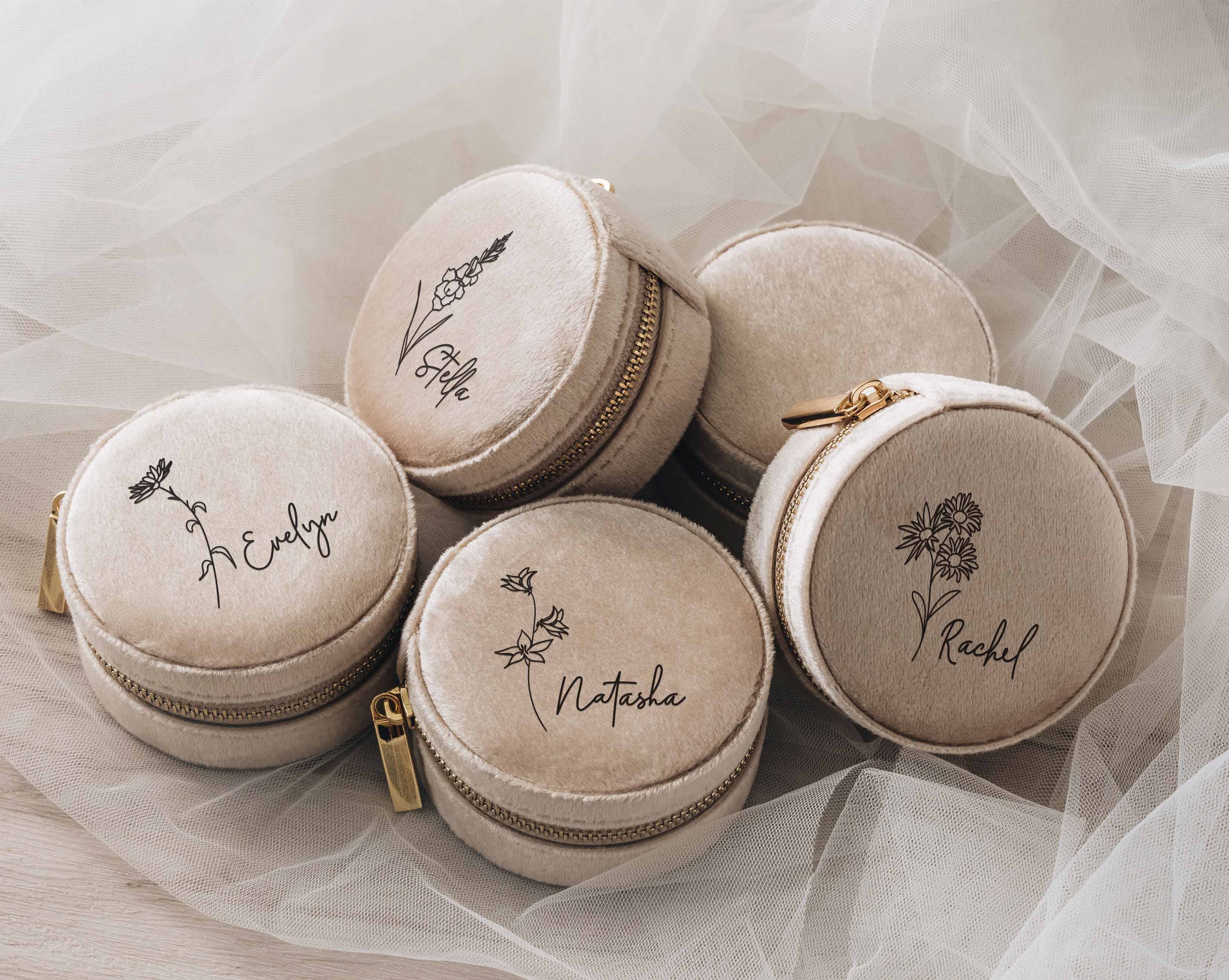 Round Jewelry Box - Champagne Custom Velvet Travel Jewelry Case with birth flower Image and name.