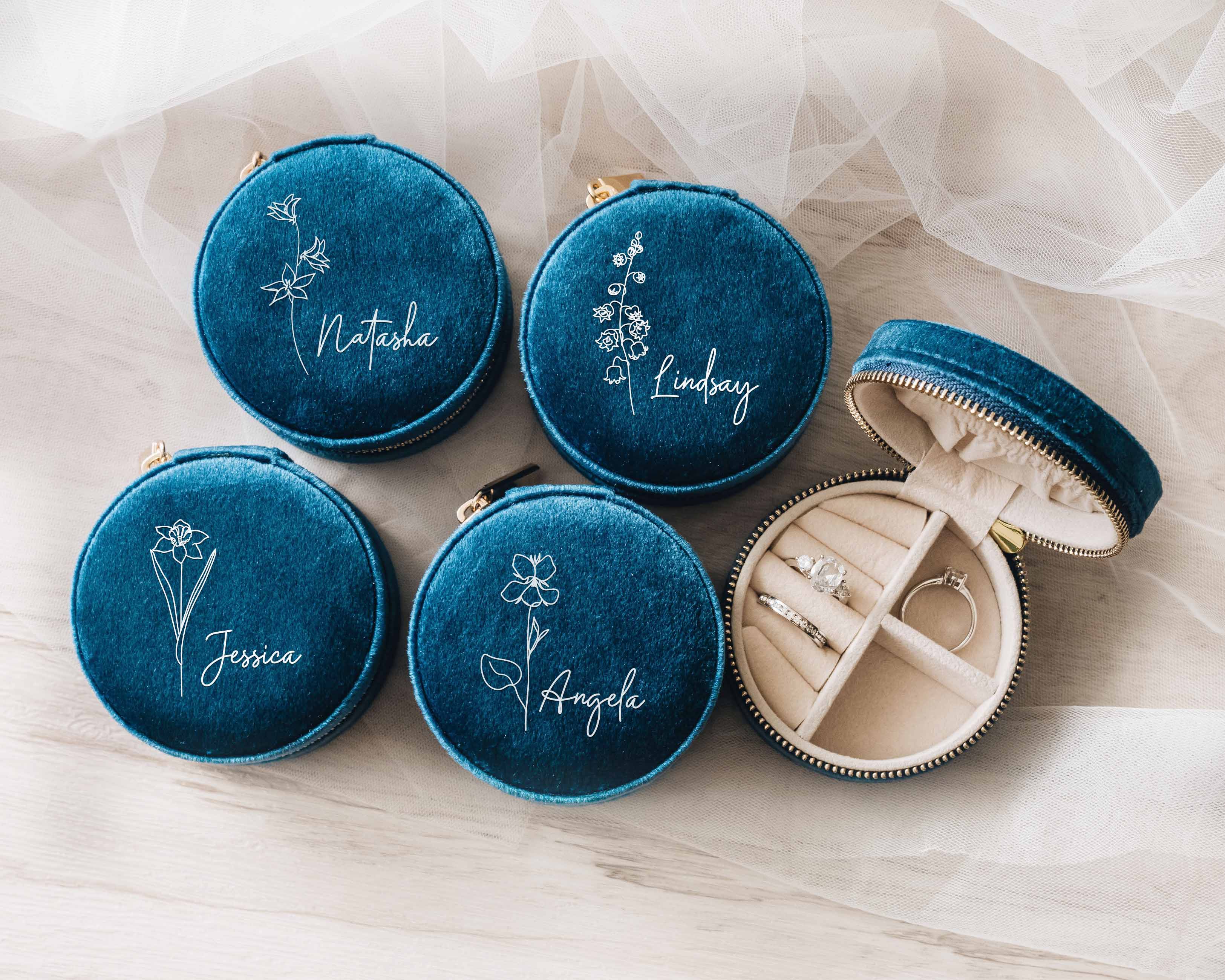 Round Jewelry Box - Midnight Blue Custom Velvet Travel Jewelry Case with birth flower Image and name.