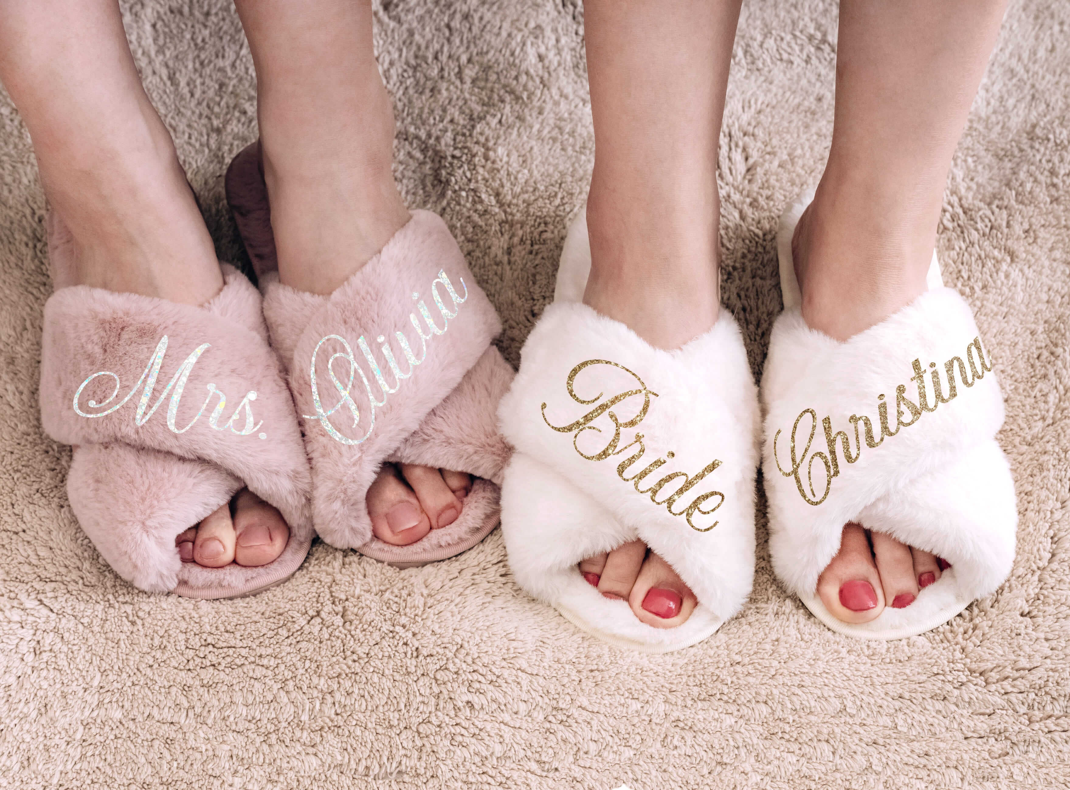 Bridesmaid Slippers - White, blush custom bridesmaid & bridal slipper with monogram