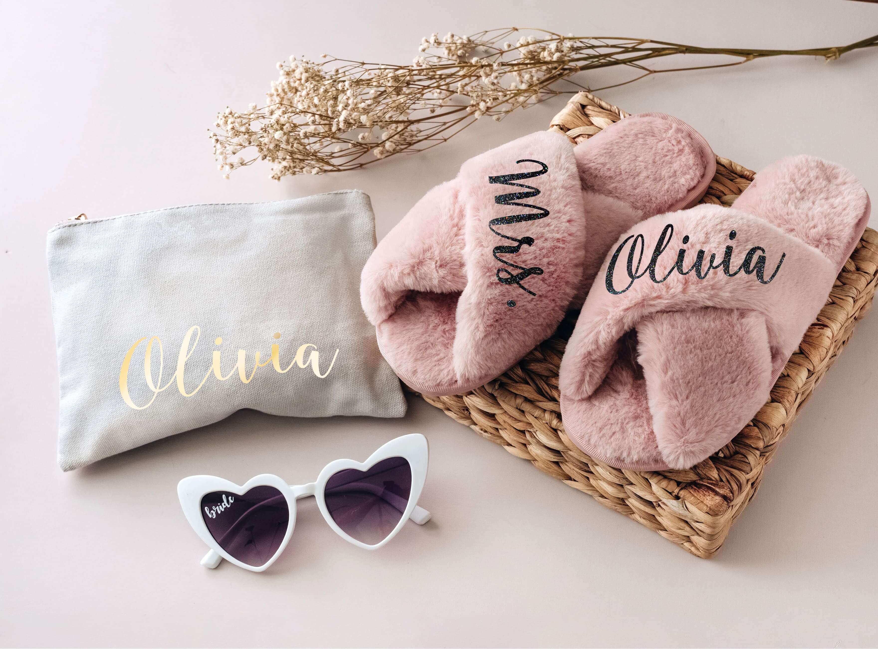 Bridesmaid Slippers - Nude Pink custom bridesmaid & bridal slipper with monogram, personalized makeup bag, heart shape sunglasses