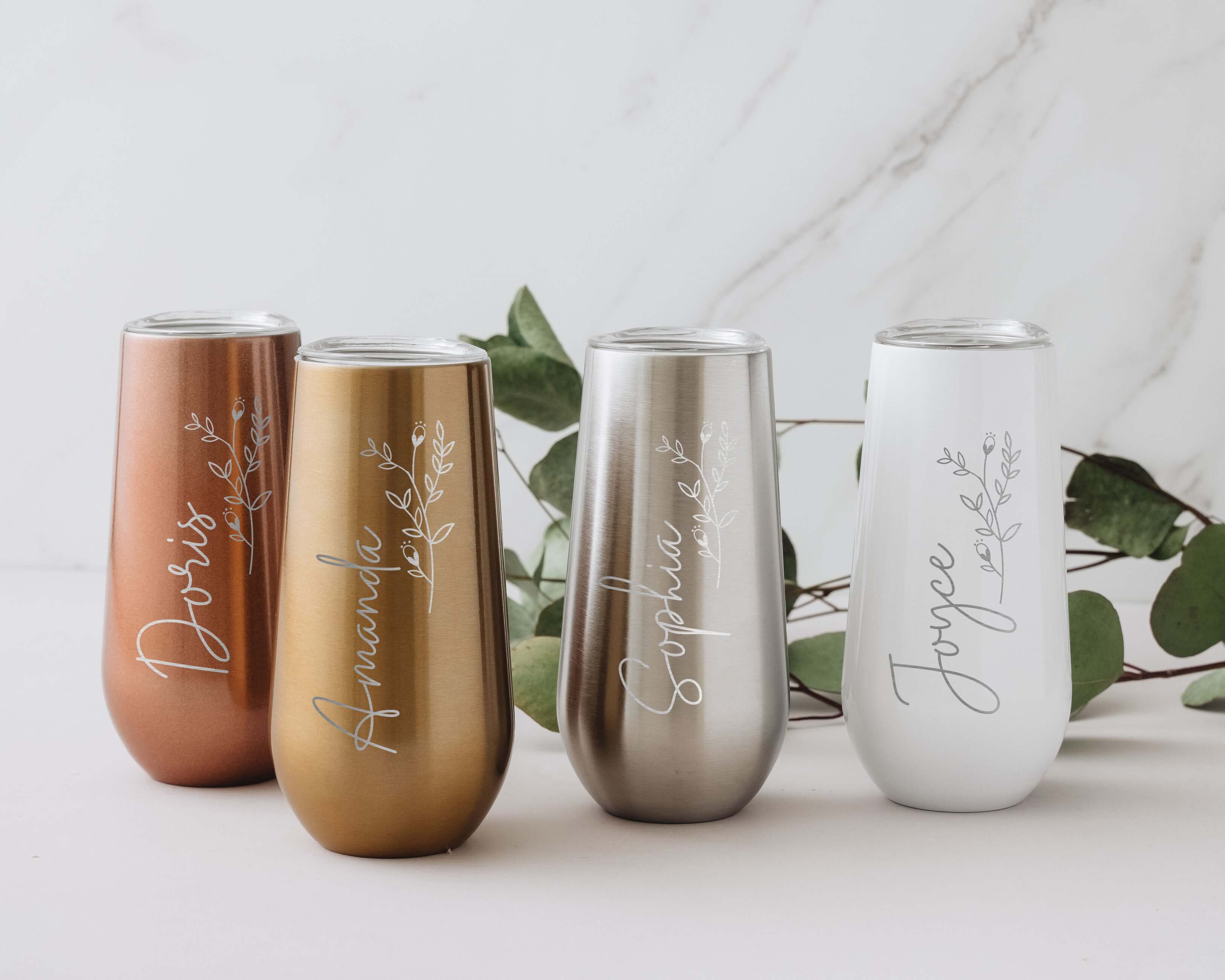 Bridesmaid Tumbler - Customize bridesmaid gifts with personalized bridesmaid tumblers, available in gold, silver, rose gold, and white colors. These tumblers feature their names, making them the perfect addition to any bridesmaid gifts box.