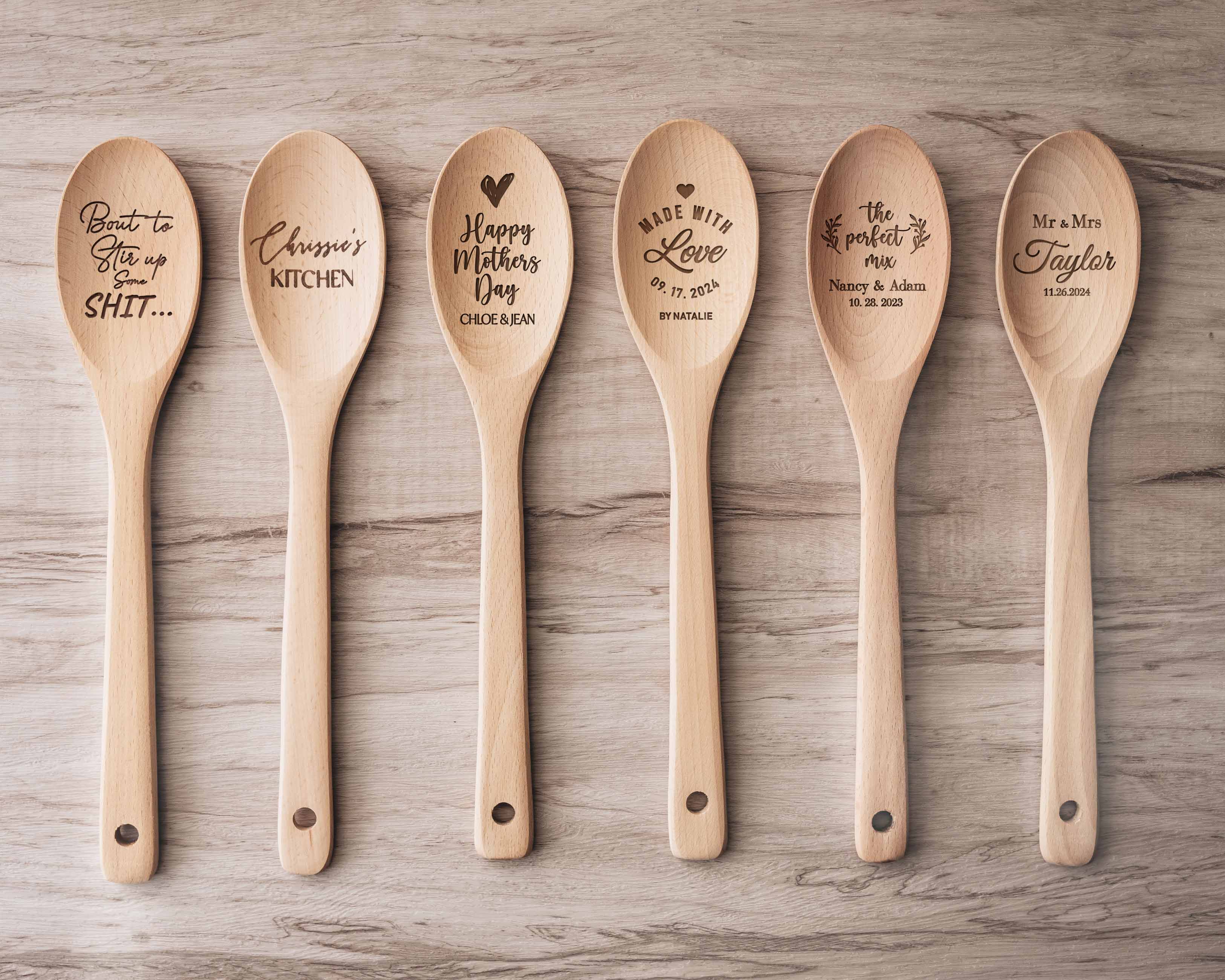 Personalized Engraved Wood Spoon with custom name and date, perfect for housewarming gift.