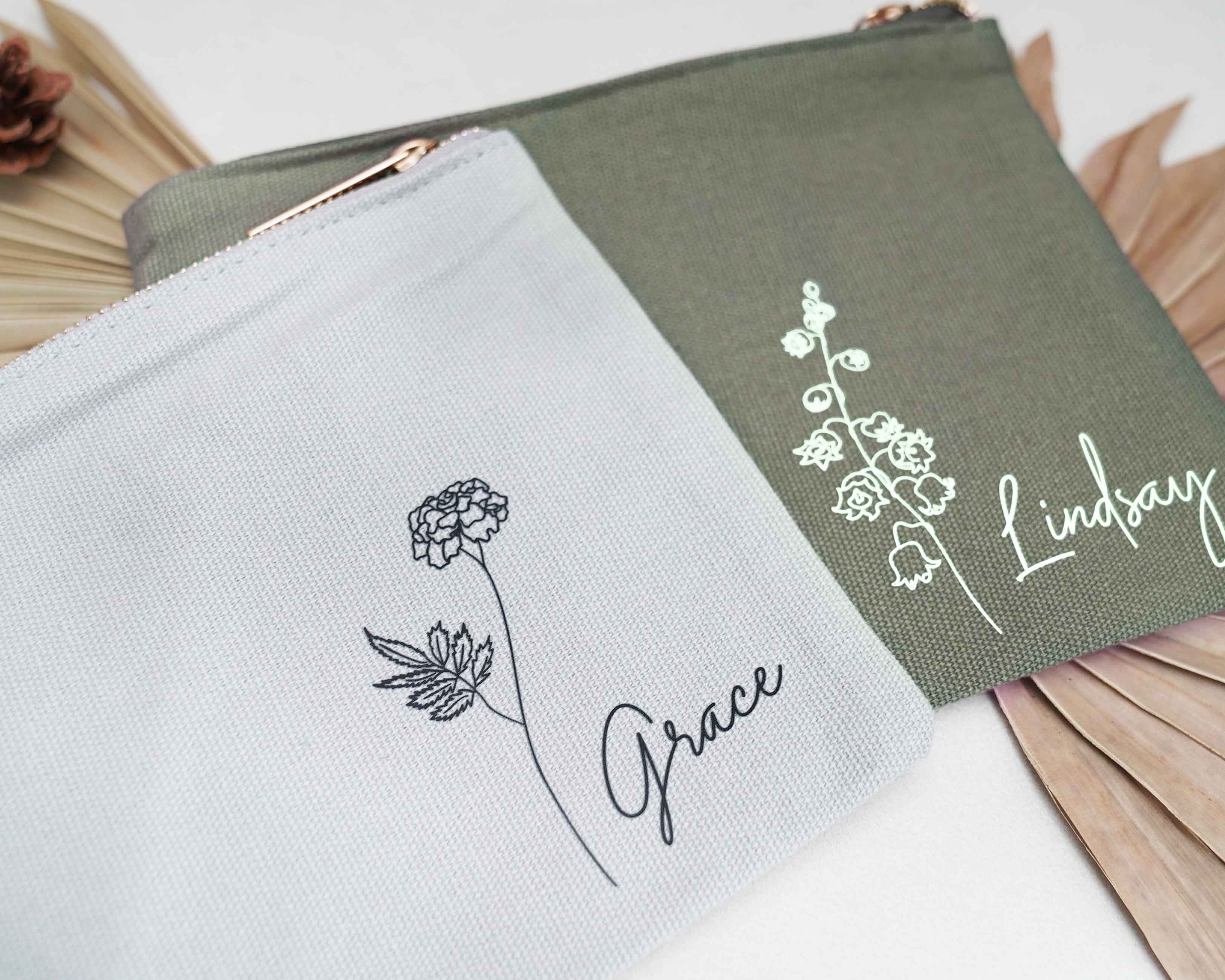 Gray and Sage Personalized Cosmetic Bags with birth flower image and name.