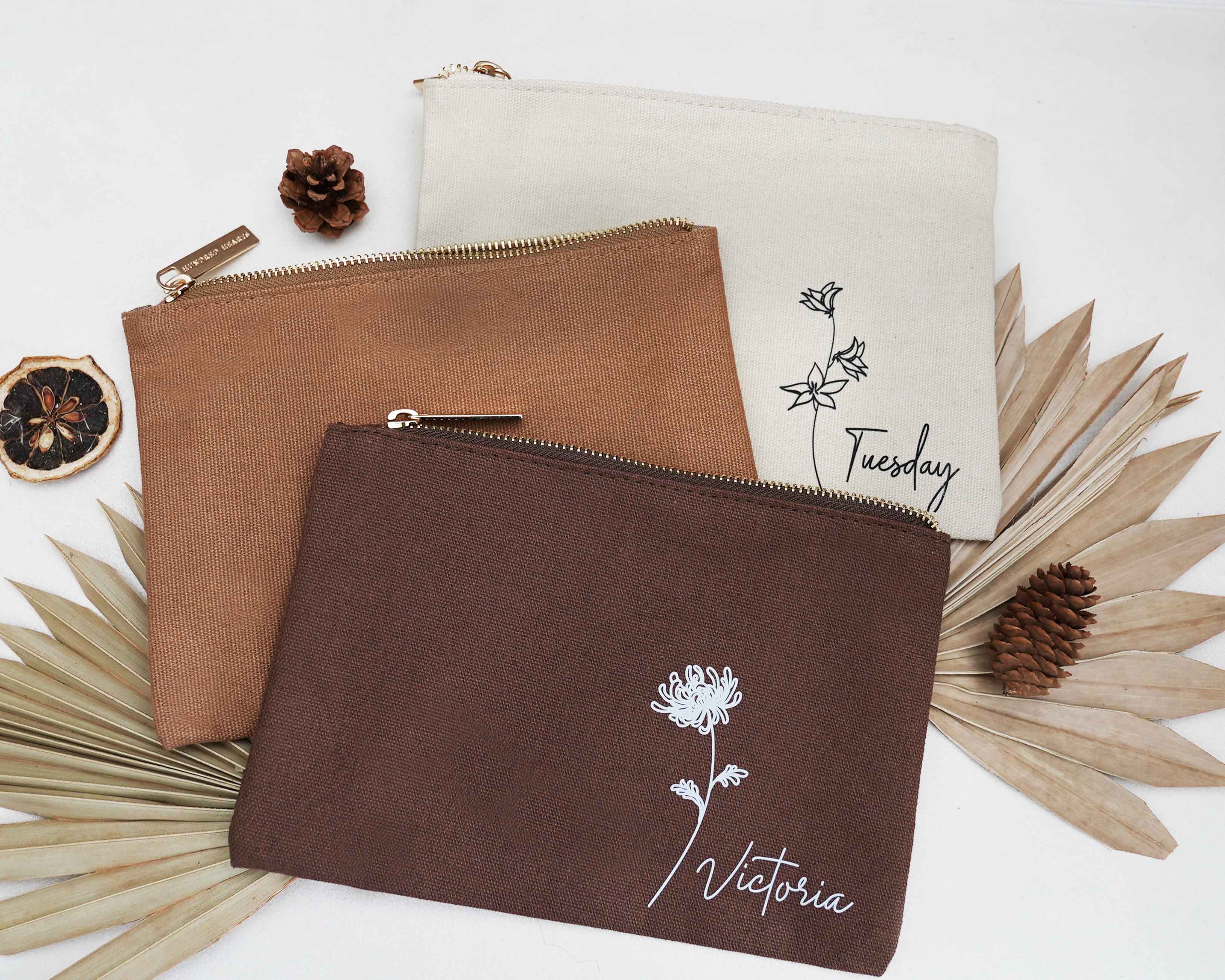 Espresso, caramel and oat Personalized Cosmetic Bags with birth flower image and name.